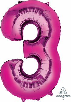 Anagram Fuchsia Cijfer &#039;3&#039; Folie Ballon 86cm